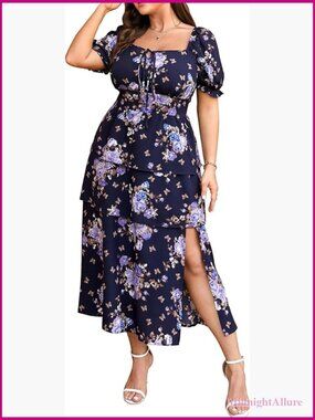 Plus Size Flowy Tiered Ruffle Maxi Dress with Puff Short Sleeves